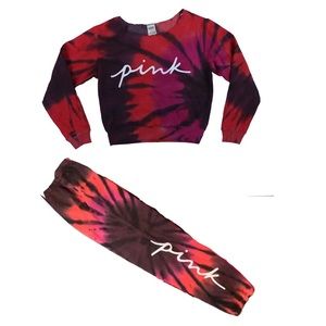 Victoria's Secret PINK Tie Dye Campus Sweatshirt + Pants Set Supernova Magenta